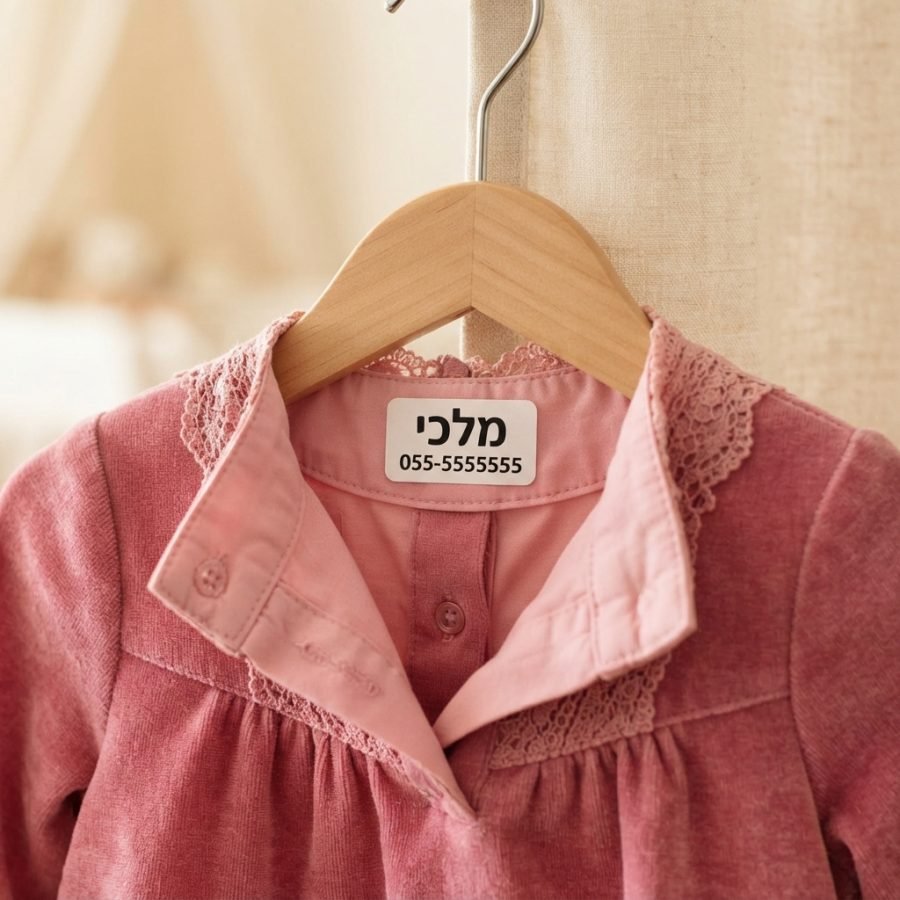 תווית שם על שמלה ורודה